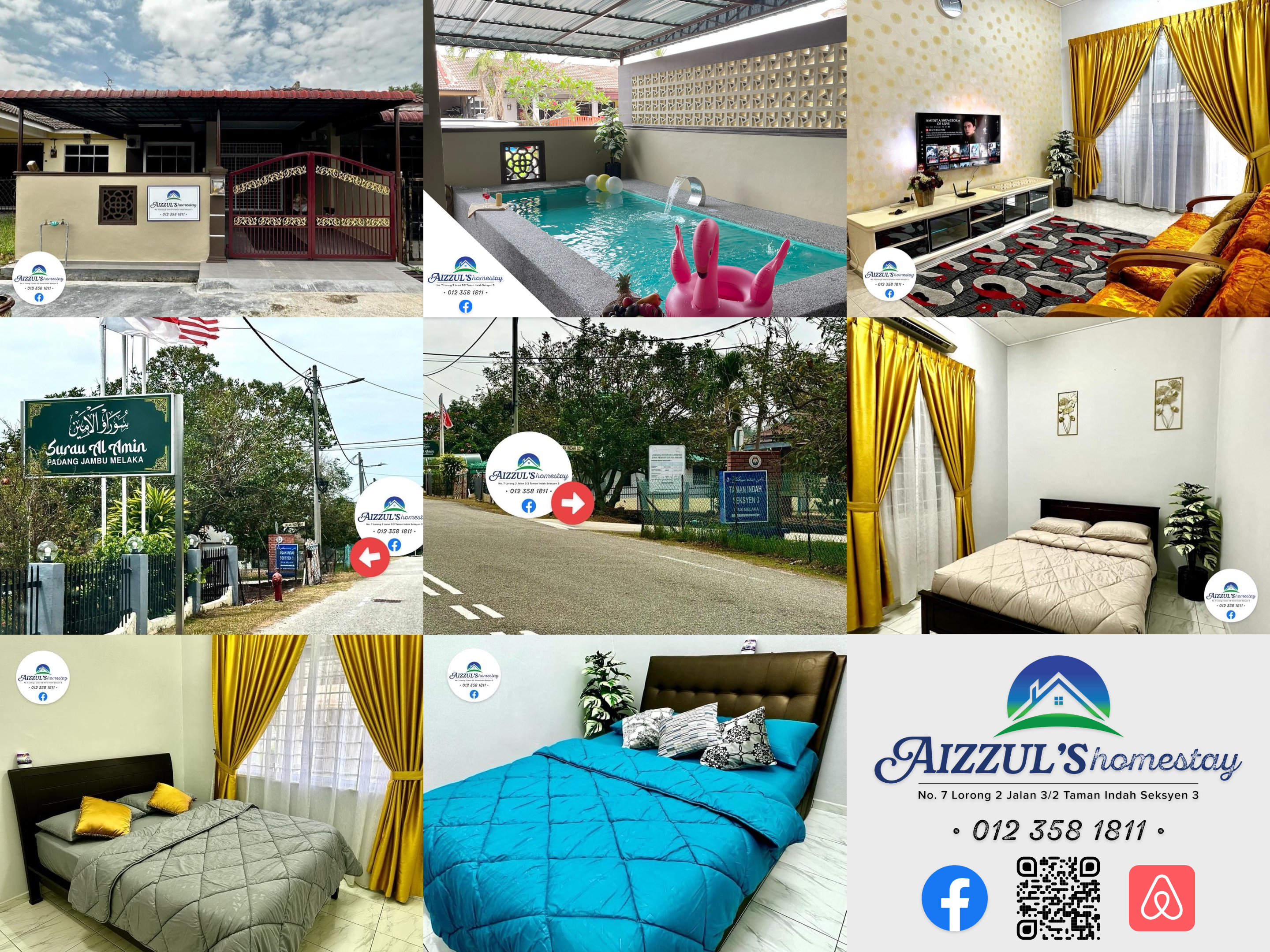 Pemandangan hadapan homestay moden dengan kolam renang